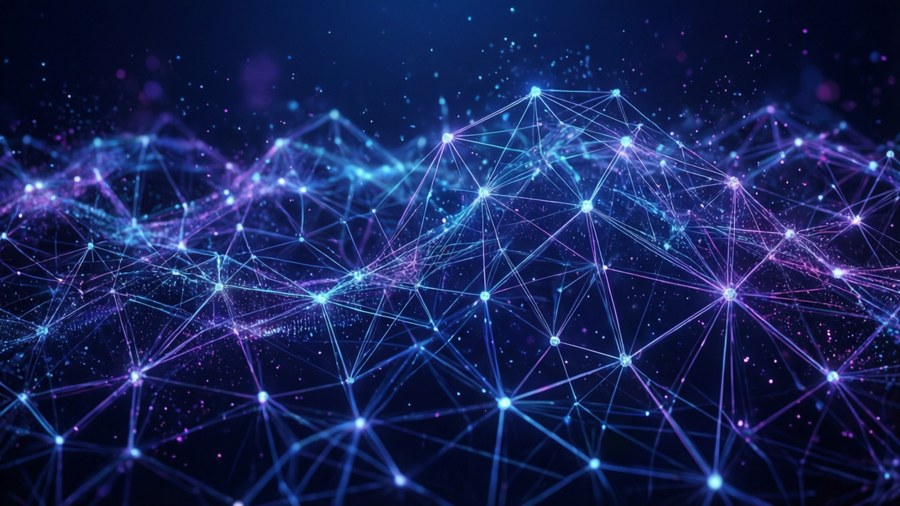 An abstract dark background with glowing nodes and lines representing a blockchain network.