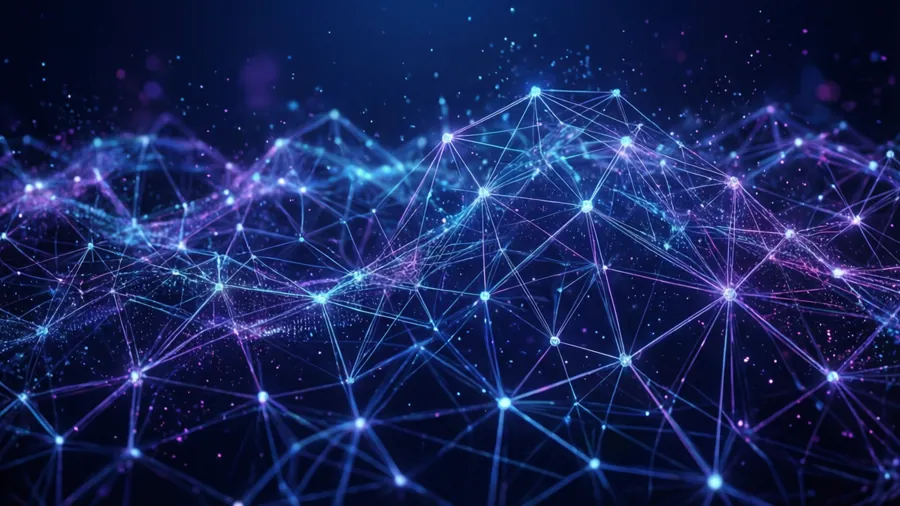 An abstract dark background with glowing nodes and lines representing a blockchain network.