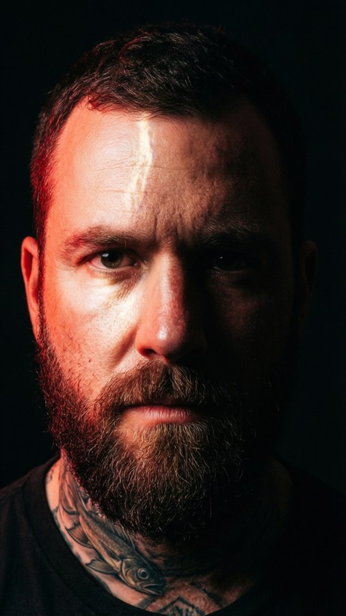 Moody close-up portrait of Bobby Fish with intense expression.