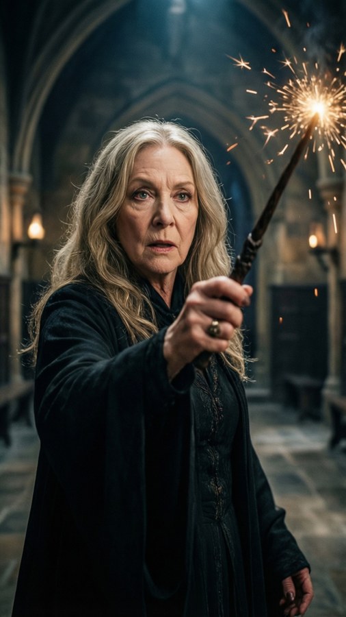 Umbridge casting a spell in a dark Hogwarts corridor.