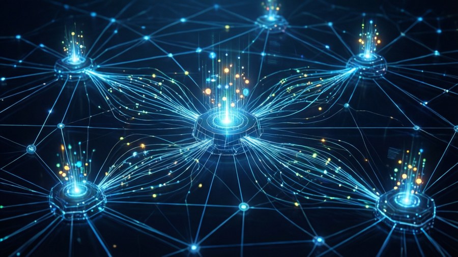 Network connection nodes with data flow lines and a central hub on a dark background.
