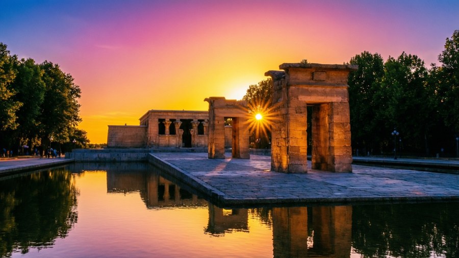 Sunset at the Temple of Debod in Madrid with colorful reflections.