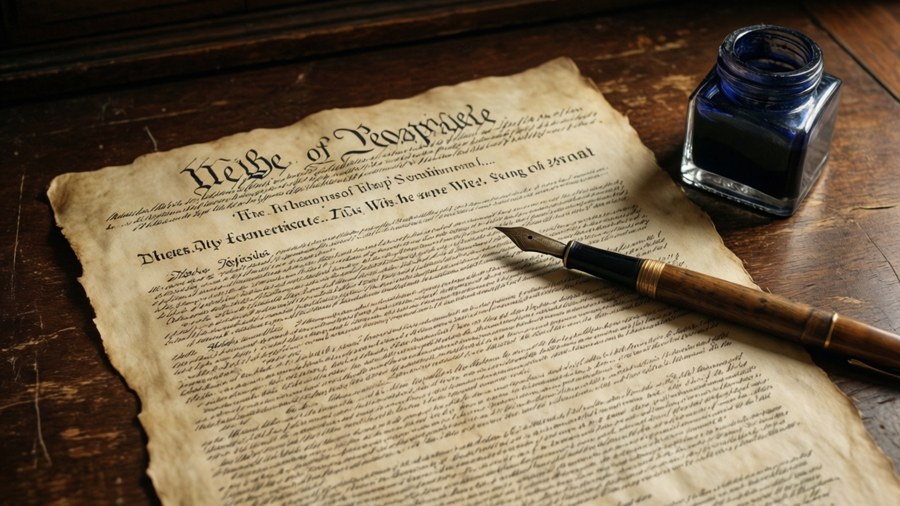 Parchment with Declaration of Independence and quill.