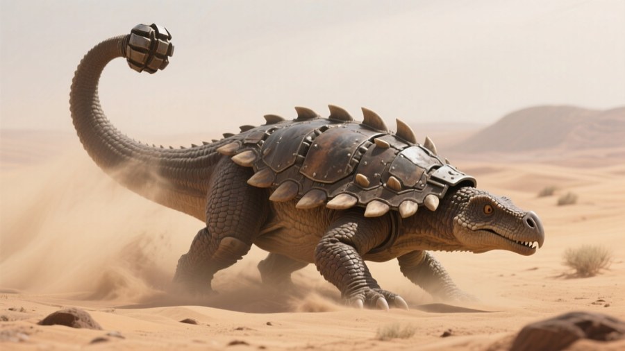 Um anquilossauro está pronto em uma tempestade no deserto.