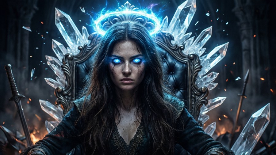 Dehya stands victorious, energy radiating from her, surrounded by shattered crystals and broken regalia, glowing with divine power.