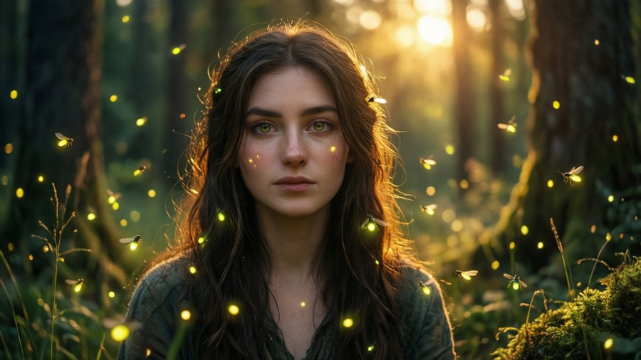 Dehya walks through a magical forest bathed in golden light, fireflies swirling around her in a tranquil scene.