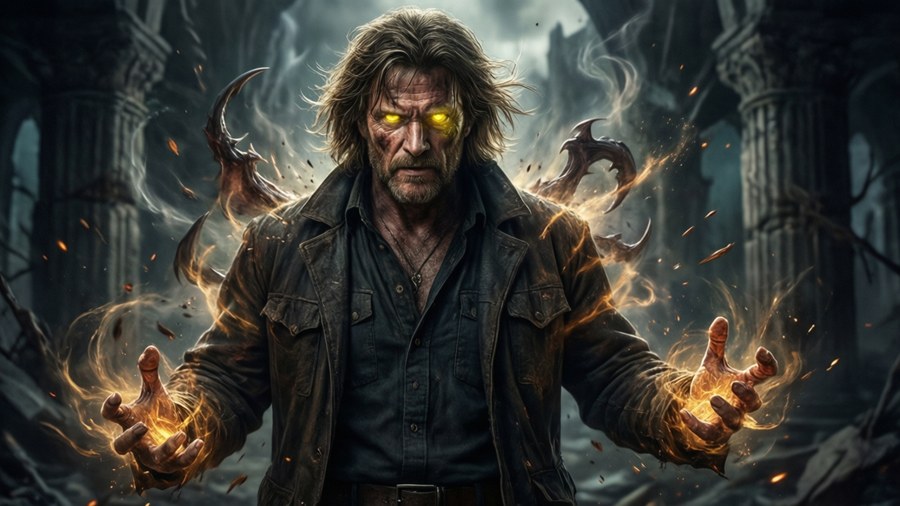 Sam Winchester unleashing his demon powers with glowing eyes.