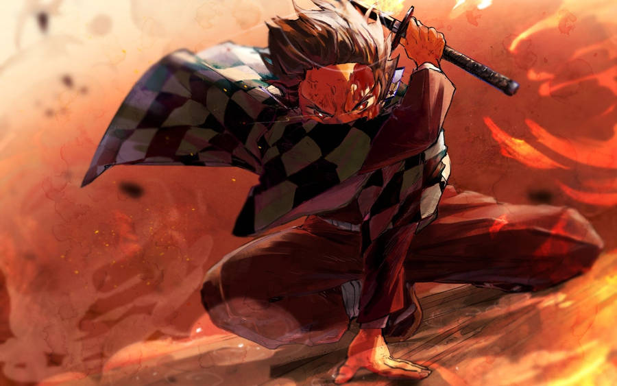 Download Demon Slayer Tanjiro Surrounded By Fire And Smoke Wallpaper