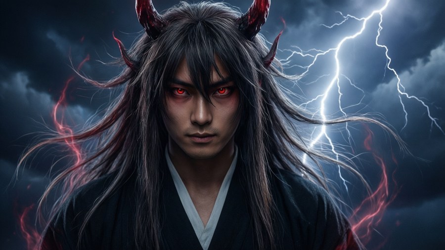 Yusuke i demonform med röda ögon och mörk aura