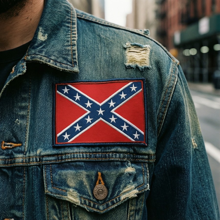 Close-up of a Confederate flag patch on a denim jacket in an urban setting.