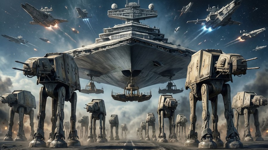 AT-ATs being deployed from a Star Destroyer in orbit.