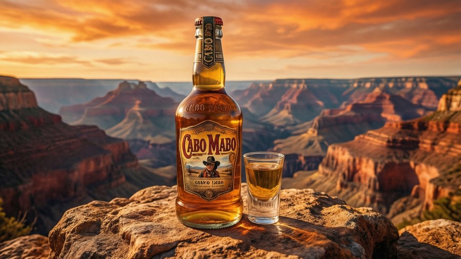 Cabo Wabo tequila in a desert canyon setting.