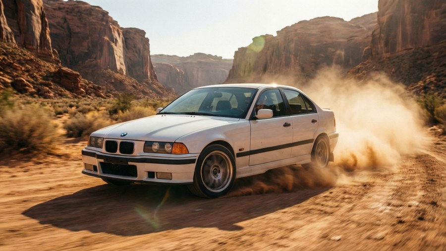 A white BMW E36 sedan drifting through a dusty desert canyon, capturing dynamic action and warm tones.