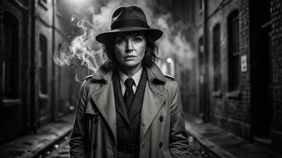 Jacinda Barrett as a film noir detective in an alley