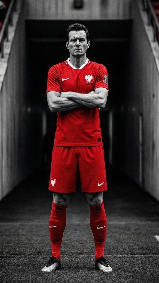 Szczesny standing arms crossed in tunnel, black and white with red accent.