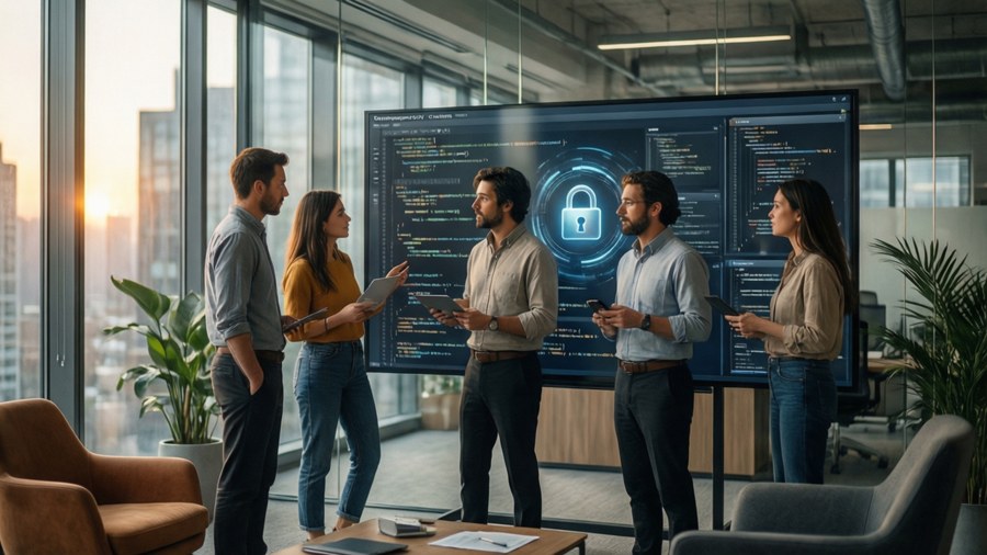 Een realistische achtergrond die een DevOps-team laat zien dat samenwerkt aan beveiligingsgeïntegreerde softwareontwikkeling.