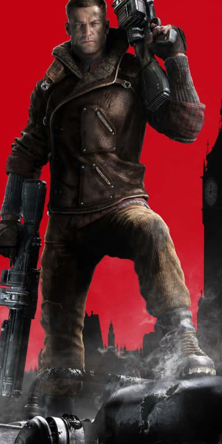 umhomem segurando uma arma em frente a um fundo vermelho