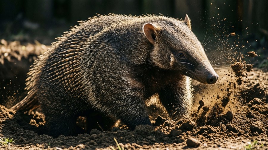 Action shot of an aardvark digging in the wild with flying dirt.