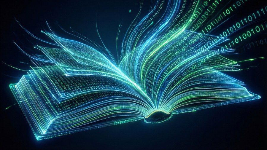Abstract ebook shape formed by flowing light lines and binary code, neon blue and green, futuristic tech art.