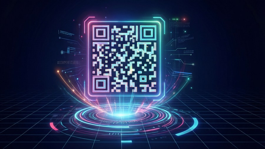 Modern tech-themed fundraiser background with QR code and neon accents.