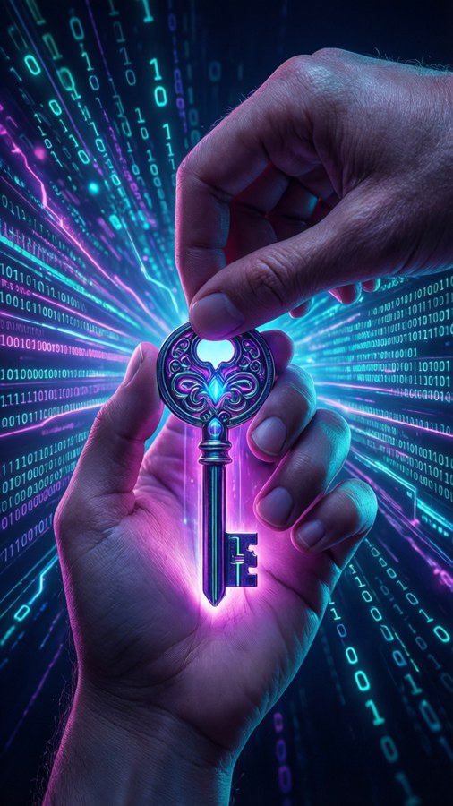 Cyberpunk wallpaper of hand holding glowing key.