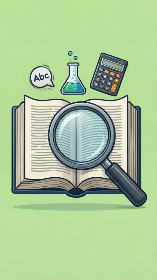 Magnifying glass over book with floating icons in clipart style.