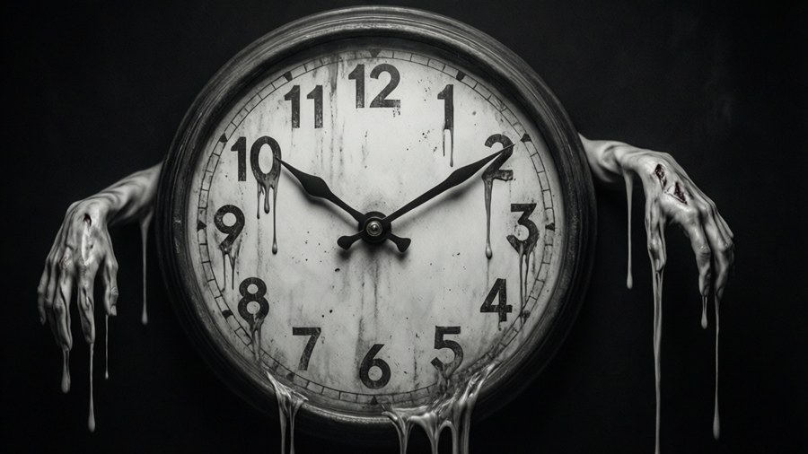 A surreal melting clock, depicting how PTSD can distort one's sense of time and memory.