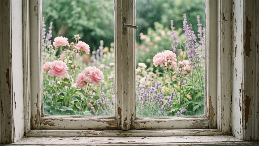 En shabby chic scen av ett väderbitet fönster som ramar in en mjuk blomsterträdgård.