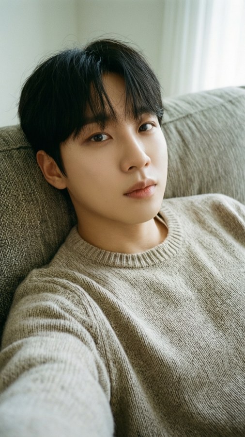 Hwang In Yeop sdraiato su un divano con un maglione morbido.