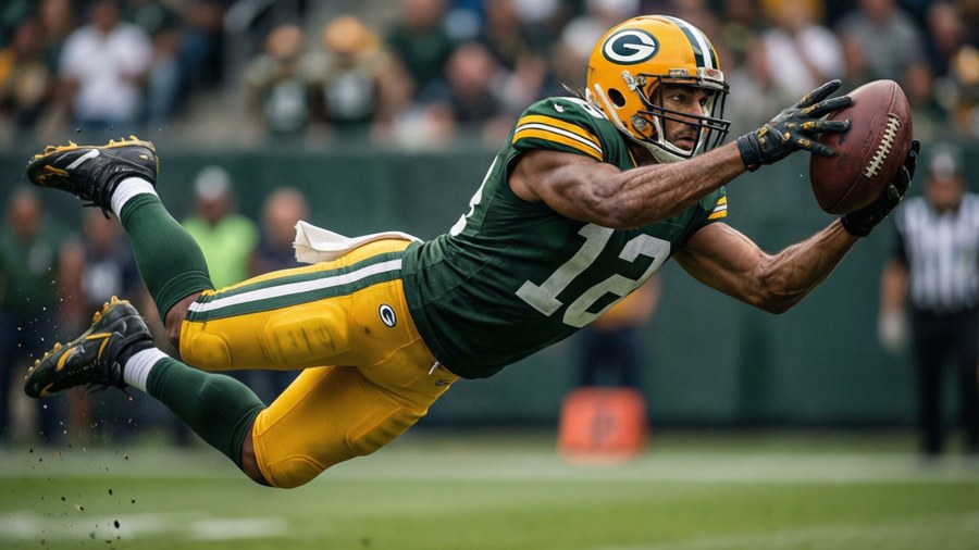 Romeo Doubs diving to make a spectacular catch during a game.
