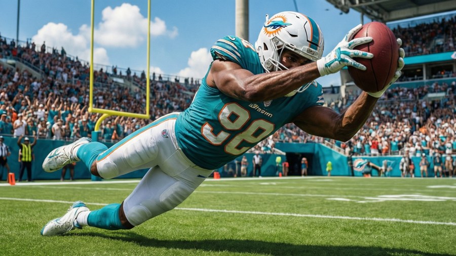 Exciting moment of a Miami Dolphins player catching a touchdown pass.