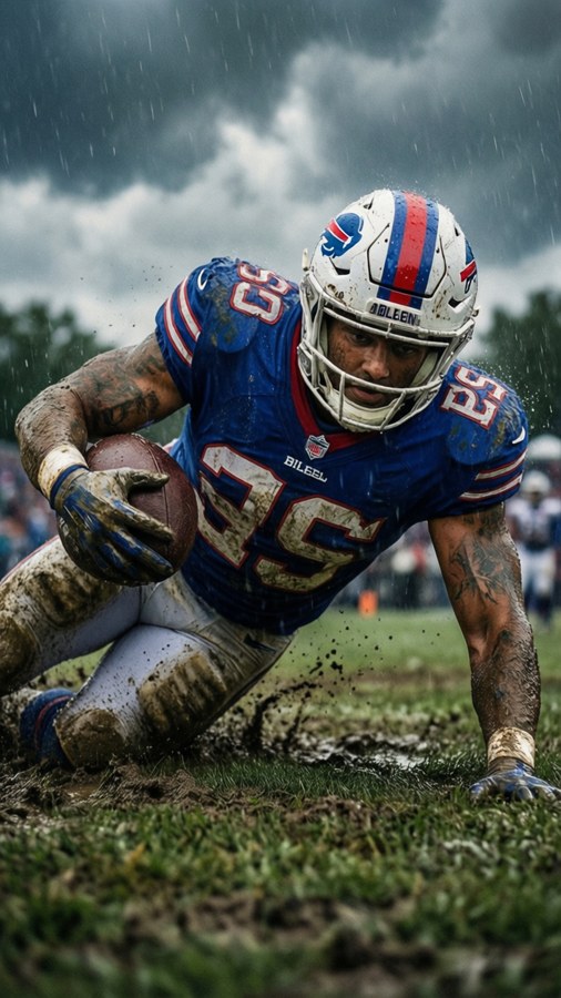 Josh Allen diving for a first down in the rain