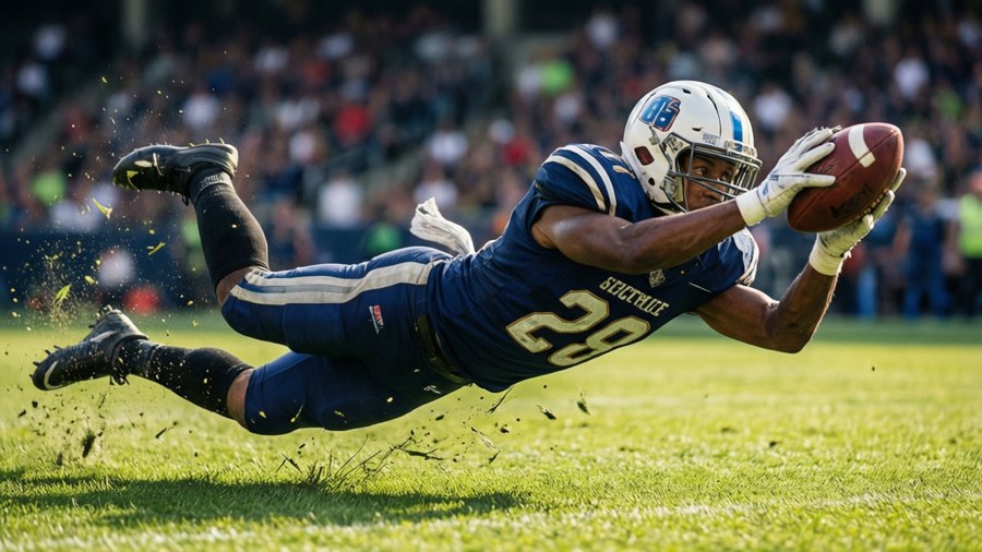 Cornerback diving horizontally to intercept a pass.