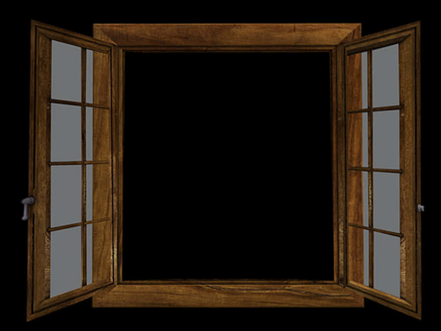 Open Wooden Window Against Black Background