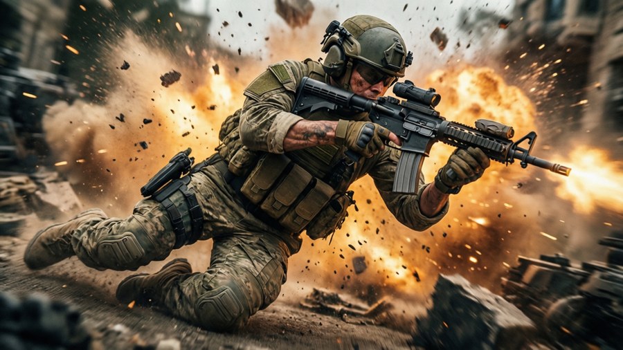 Actionbild av en soldat som dyker och skjuter mitt i en explosion.