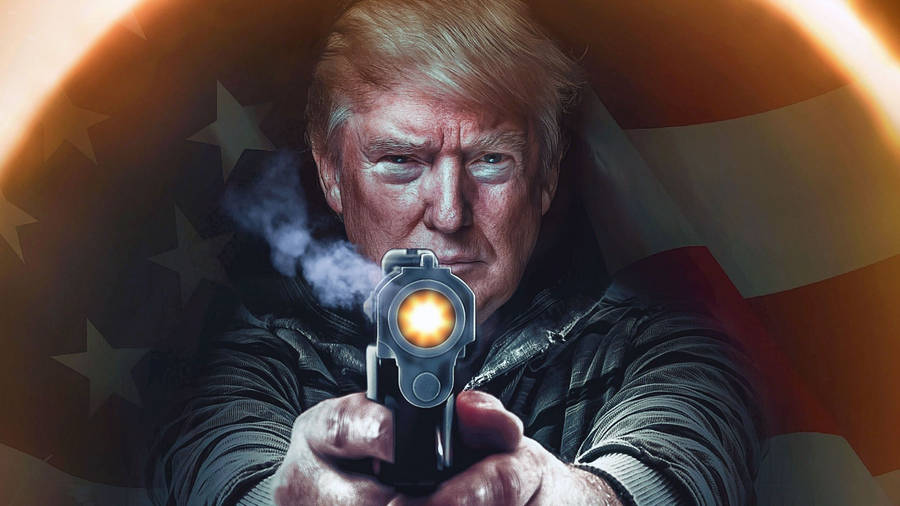Meme wallpaper of Donald Trump firing a smoking gun