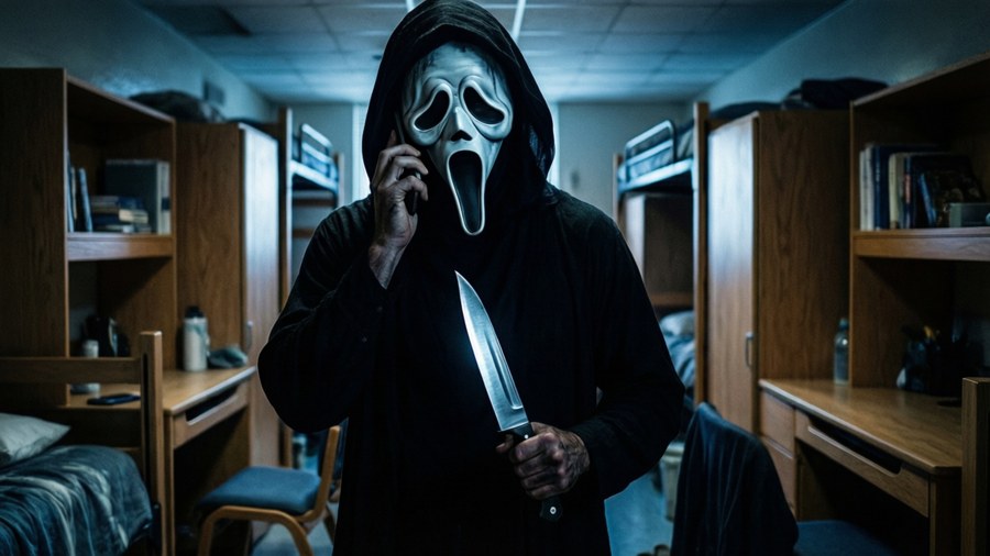 Ghostface menaces in a dark hallway with phone and knife.