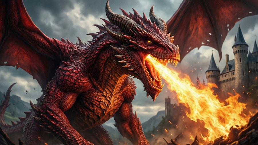Epic wallpaper of a dragon with devil horns attacking a castle.