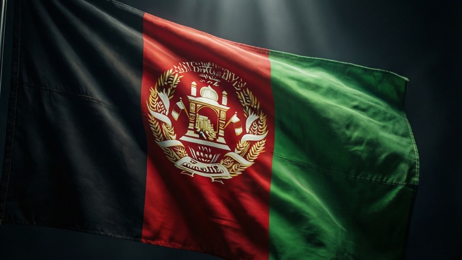 Dramatic draped flag with spotlight on emblem