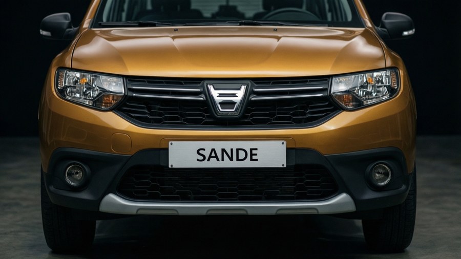 Close-up of Dacia Sandero front grille in dramatic lighting.