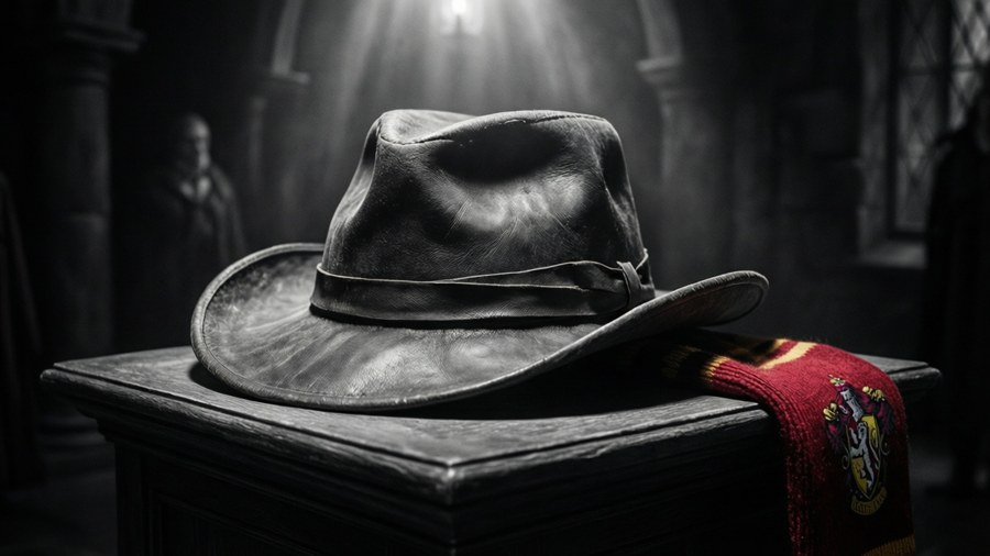 Sorting Hat under a spotlight with dramatic shadows, monochrome with red accent.