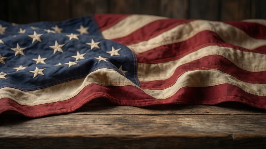 Et amerikansk flag draperet yndefuldt med gennemsigtig baggrund, der fremkalder rustik patriotisme.