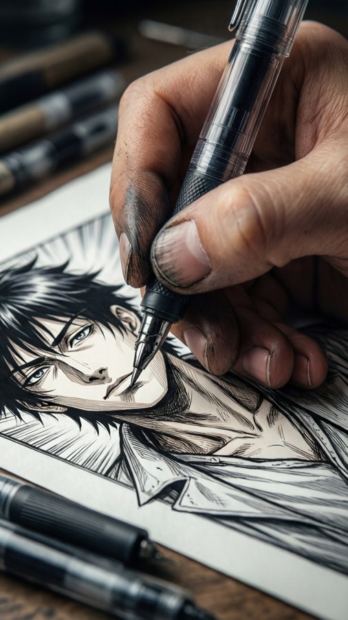 A close-up of hands creating manga art with pens.