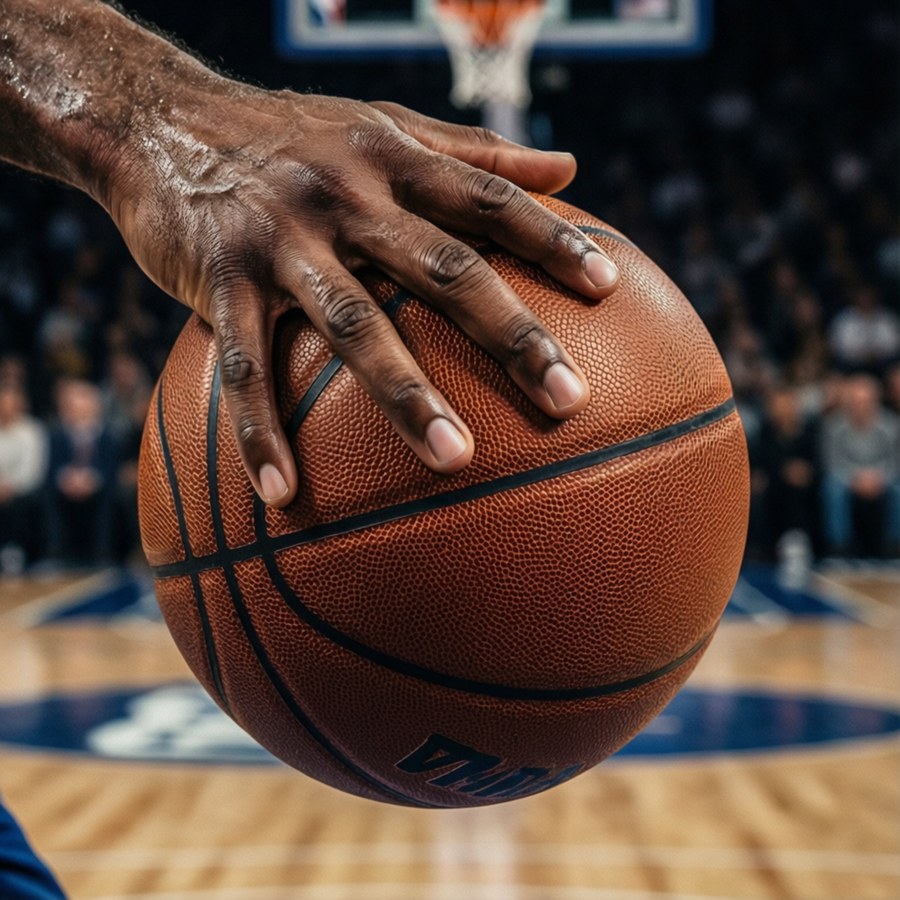Action close-up of an NBA player's hands dribbling, emphasizing ball control and speed.
