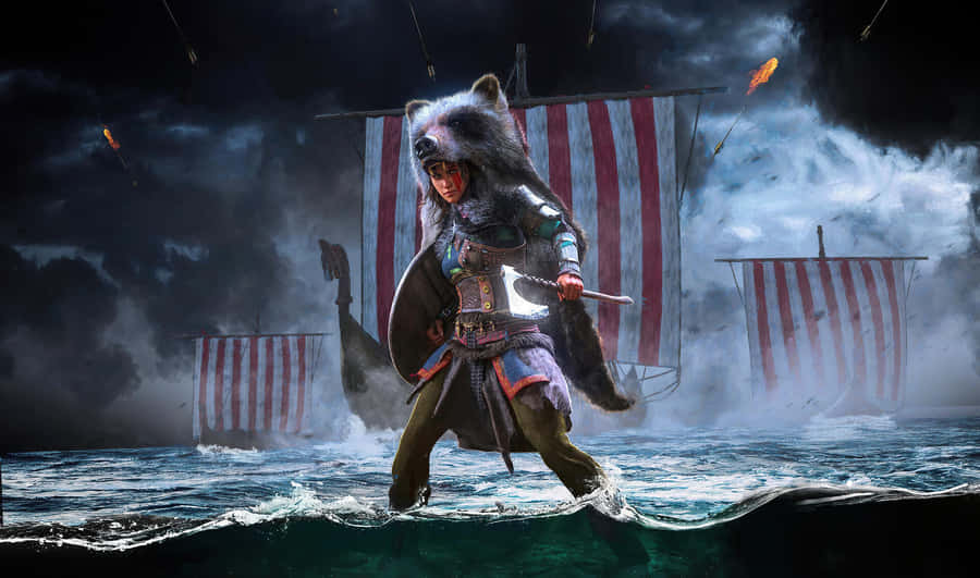 Enviking i kostume stående i vandet.