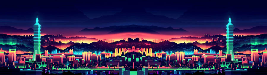 Download Dual Monitor Vaporwave City Wallpaper Wallpapers Com