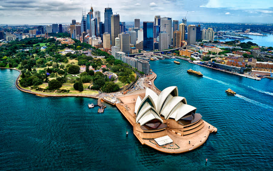 Sydney Operahus och Stadssilhuett Flygvy