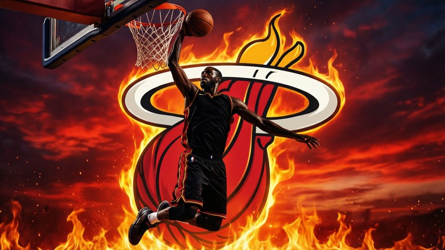 Silhouette of a player dunking with Miami Heat logo on fire.