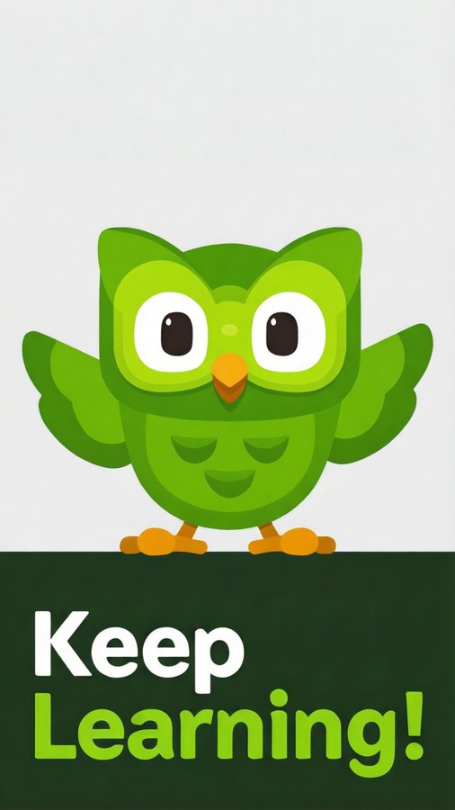 Een motiverende achtergrond met Duolingo's uil en de tekst 'Keep Learning!'.