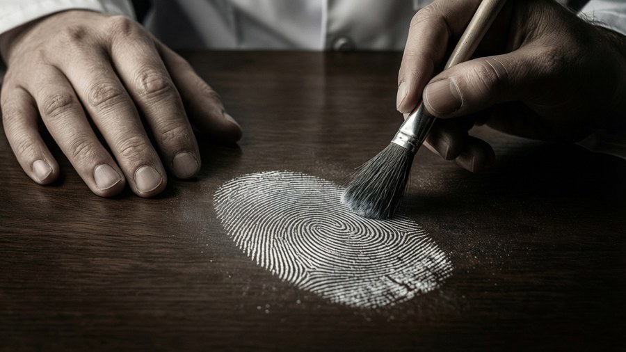 En dramatisk närbild av fingeravtrycksdammning på ett mörkt träbord med spöklika mönster